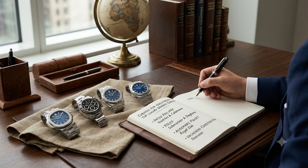 Investment-grade luxury watches arranged on a dark surface