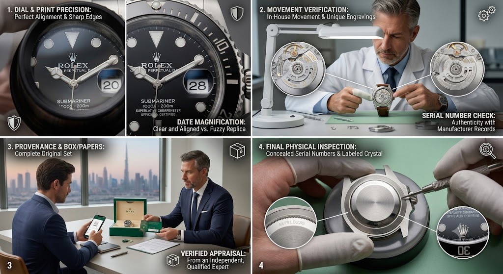 Close inspection of a luxury watch movement and case back with a loupe