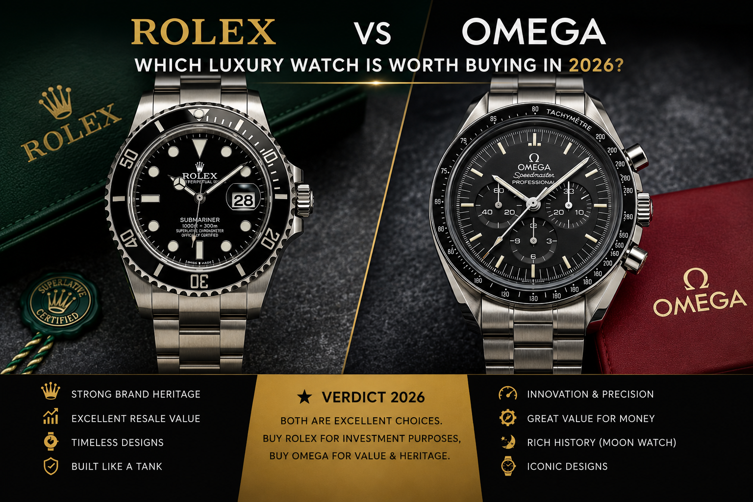 A Rolex and an Omega dive watch side by side on a dark surface