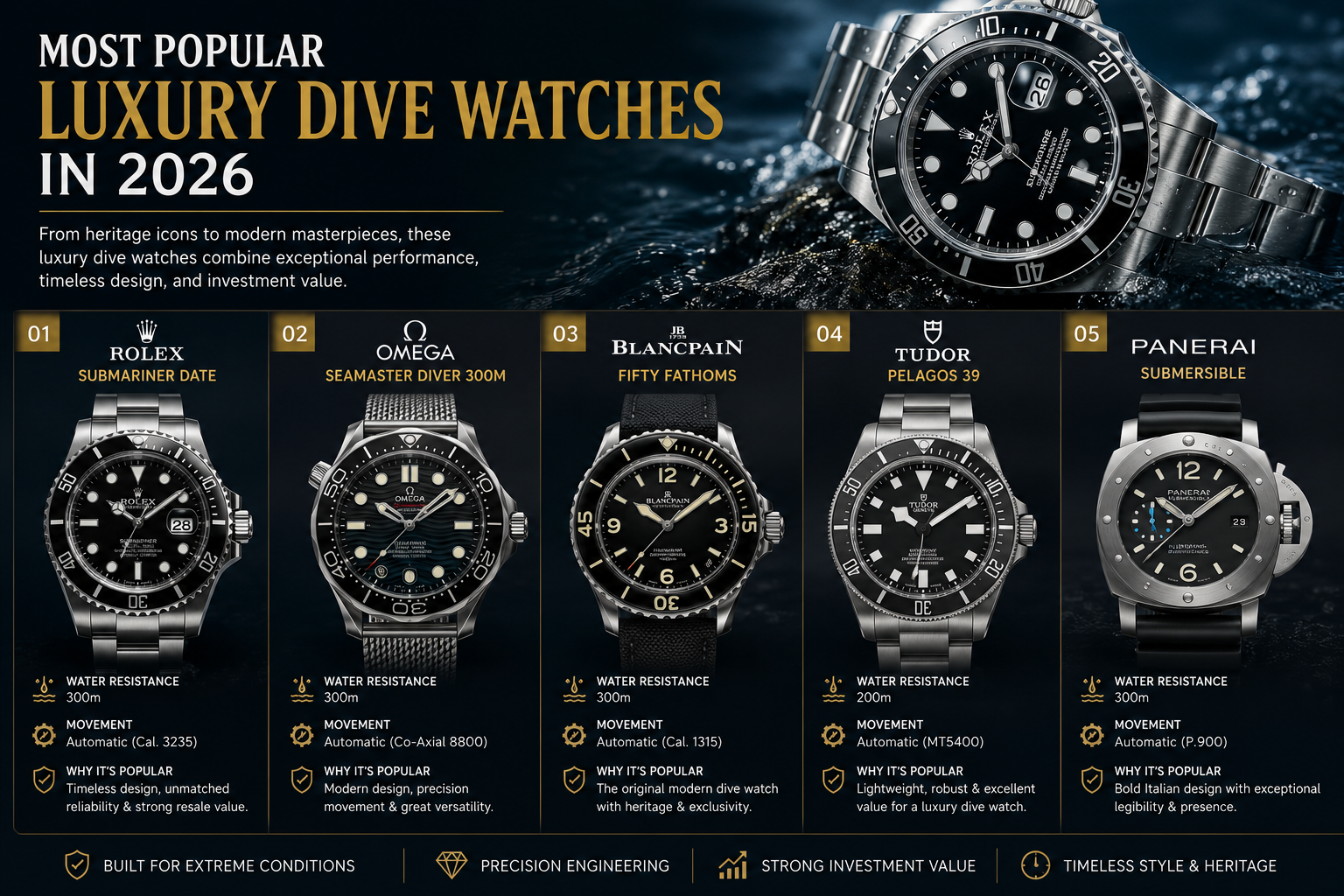 A luxury dive watch with a rotating bezel photographed on a dark surface