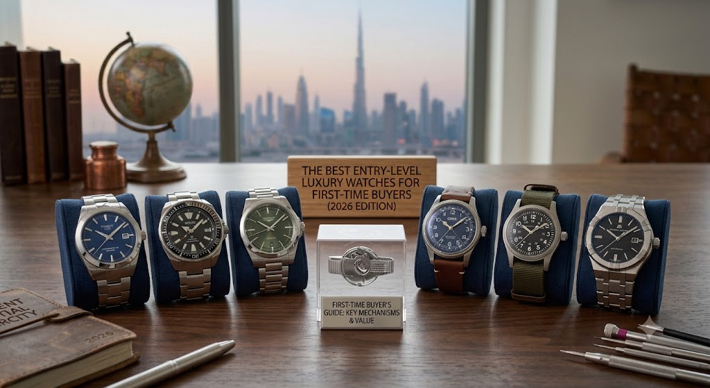 Entry-level luxury watches lined up on a dark surface