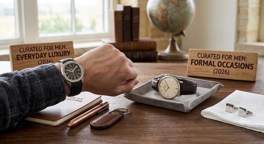 A slim dress watch and a rugged sports watch side by side on a dark surface