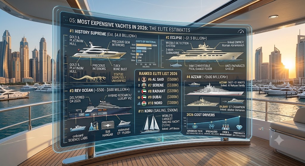 An opulent superyacht lit up at night in a harbor