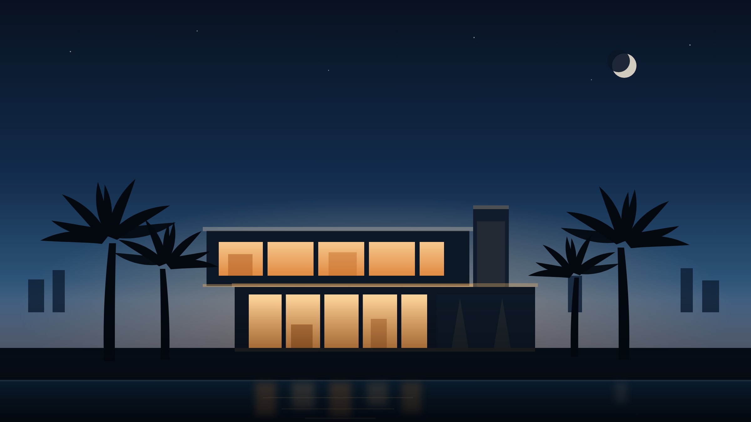 Modern luxury villa with palms and an infinity pool at dusk