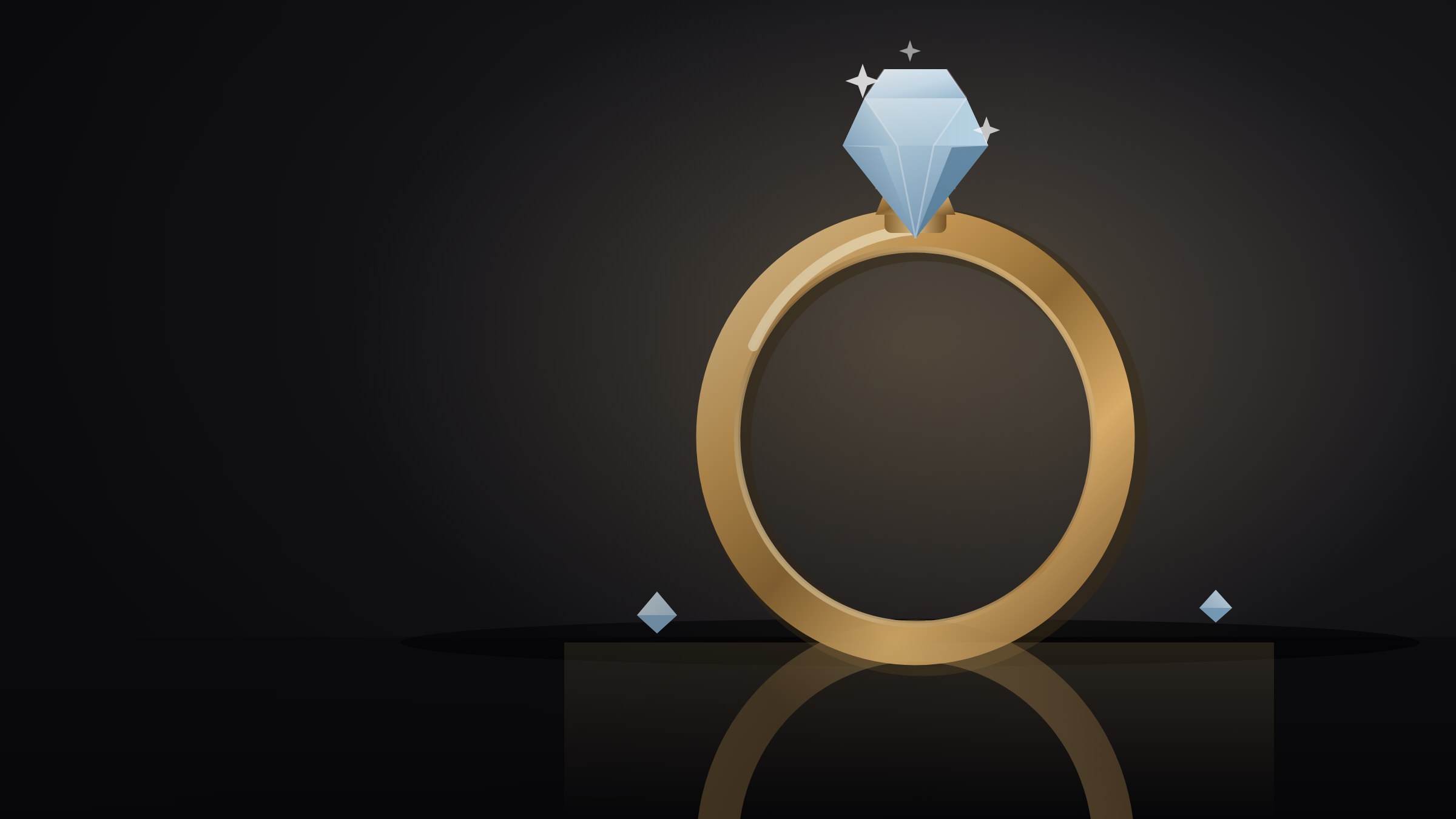 Diamond solitaire ring on dark velvet with a warm spotlight