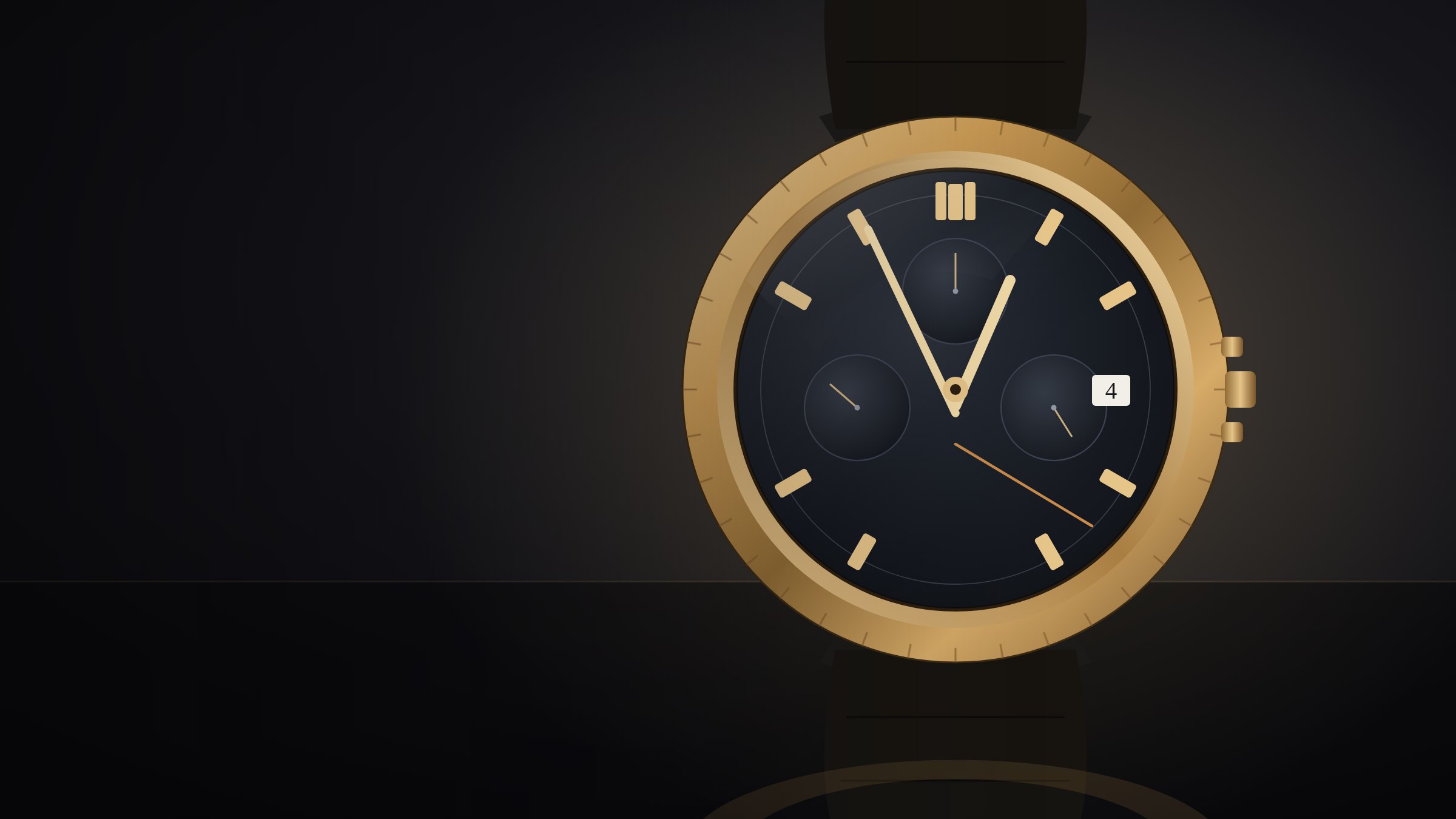Luxury rose-gold chronograph watch on a dark polished surface