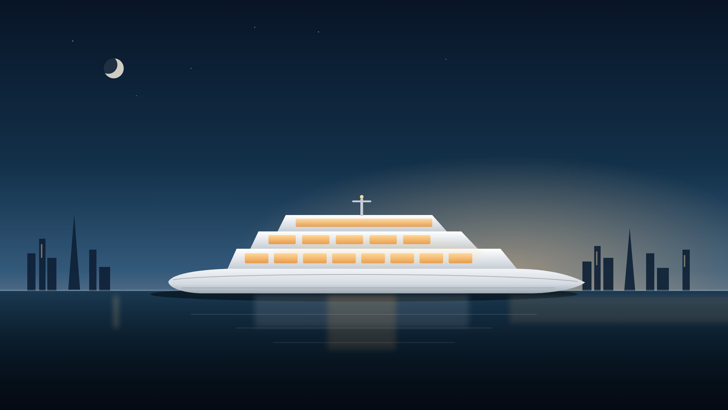 Superyacht on calm water at blue hour with a distant Gulf skyline